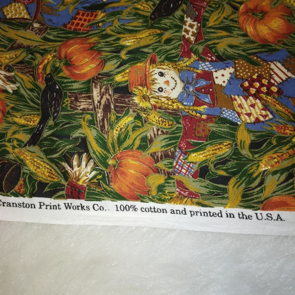 FABRIC Cotton Autumn Halloween Scarecrows and pumpkins in the corn field